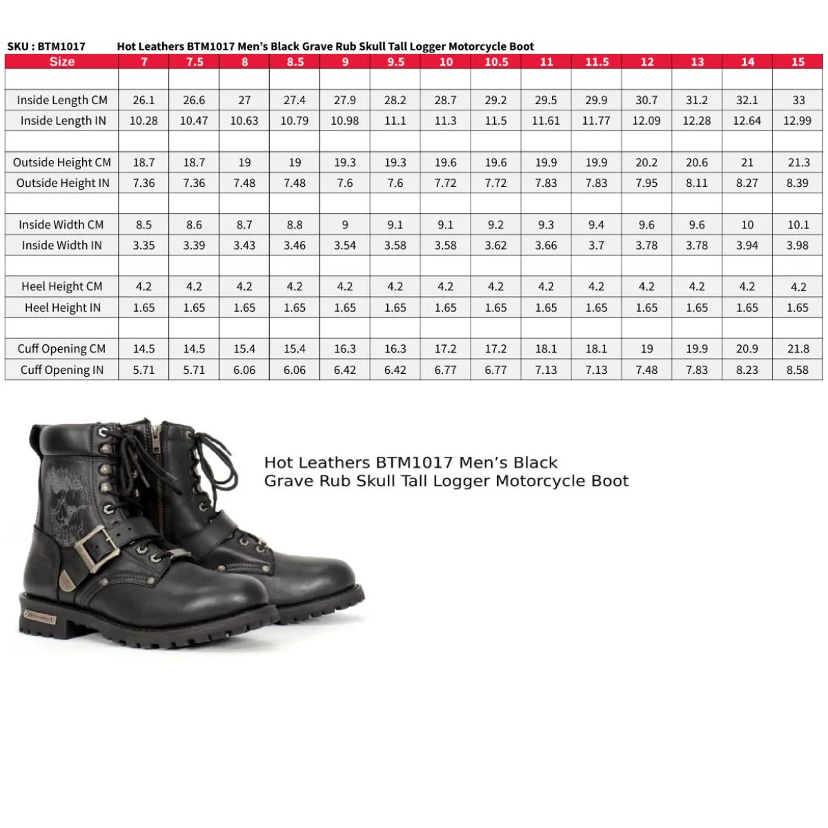 Hot Leathers BTM1017 Mens Black Grave Rub Skull Tall Logger Motorcycle Boot