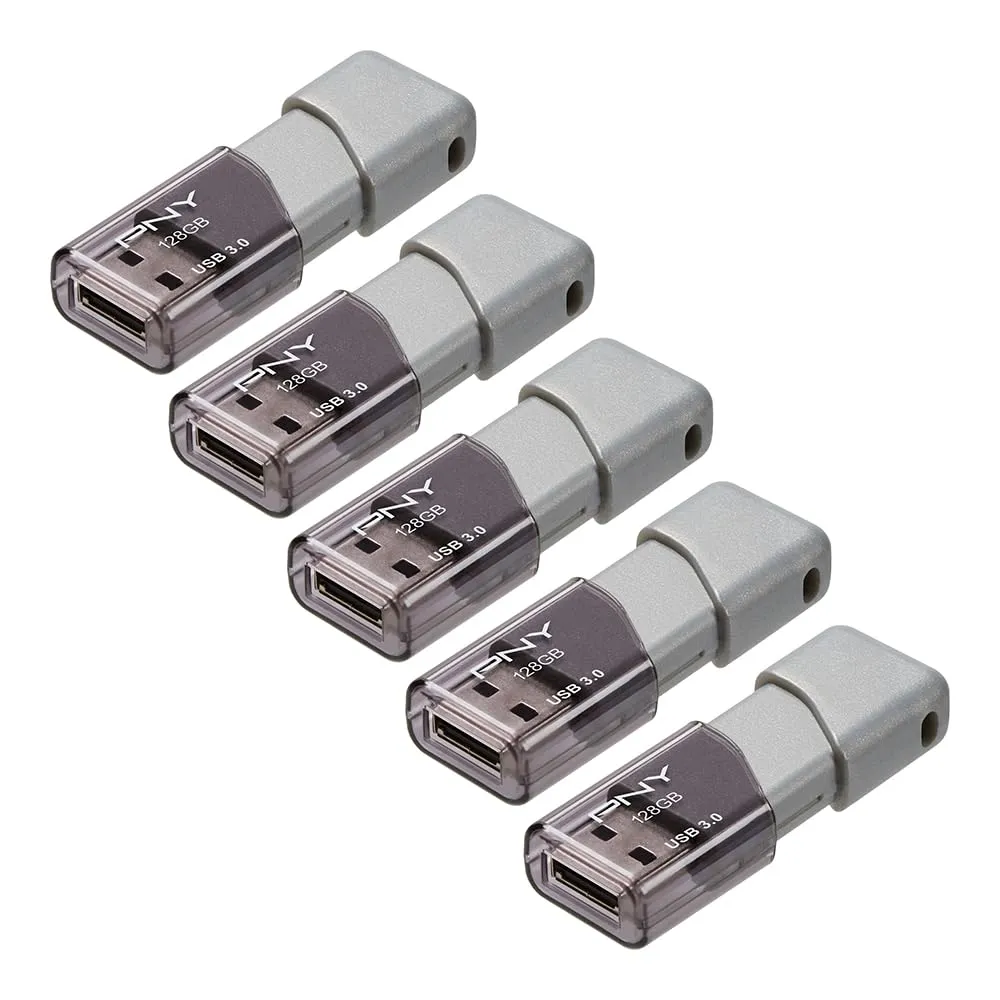 PNY 128GB Turbo Attach 3 USB 3.0 Flash Drive 5-Pack  Grey, P-FD128X5TBOP-MP, 100MB/s, Light-Weight Durable - Data Storage and Transfer