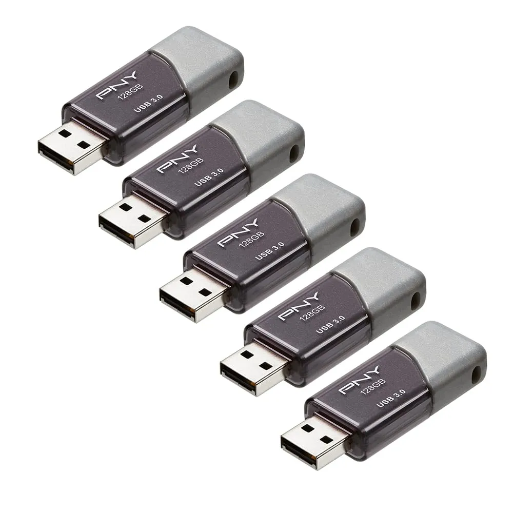 PNY 128GB Turbo Attach 3 USB 3.0 Flash Drive 5-Pack  Grey, P-FD128X5TBOP-MP, 100MB/s, Light-Weight Durable - Data Storage and Transfer