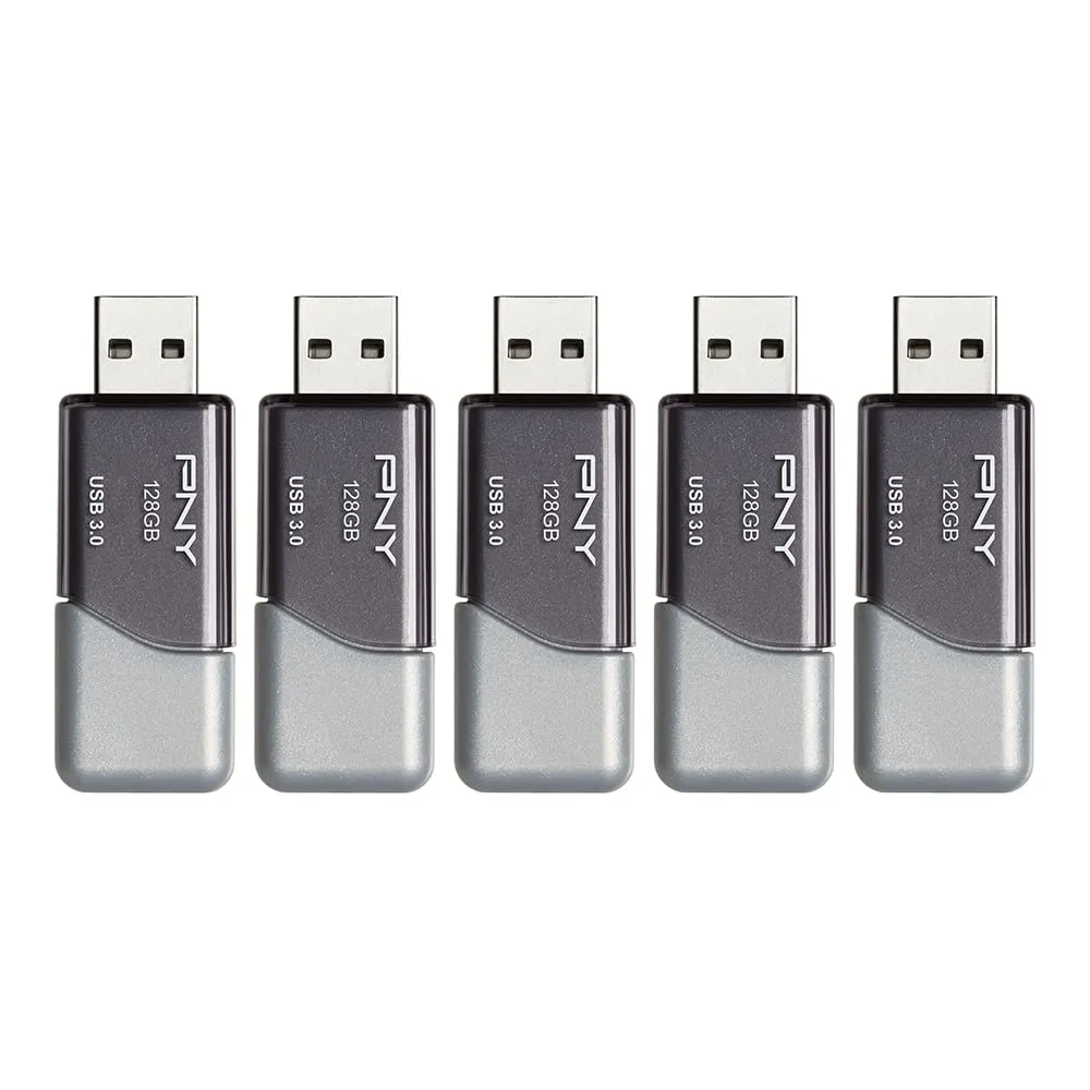 PNY 128GB Turbo Attach 3 USB 3.0 Flash Drive 5-Pack  Grey, P-FD128X5TBOP-MP, 100MB/s, Light-Weight Durable - Data Storage and Transfer