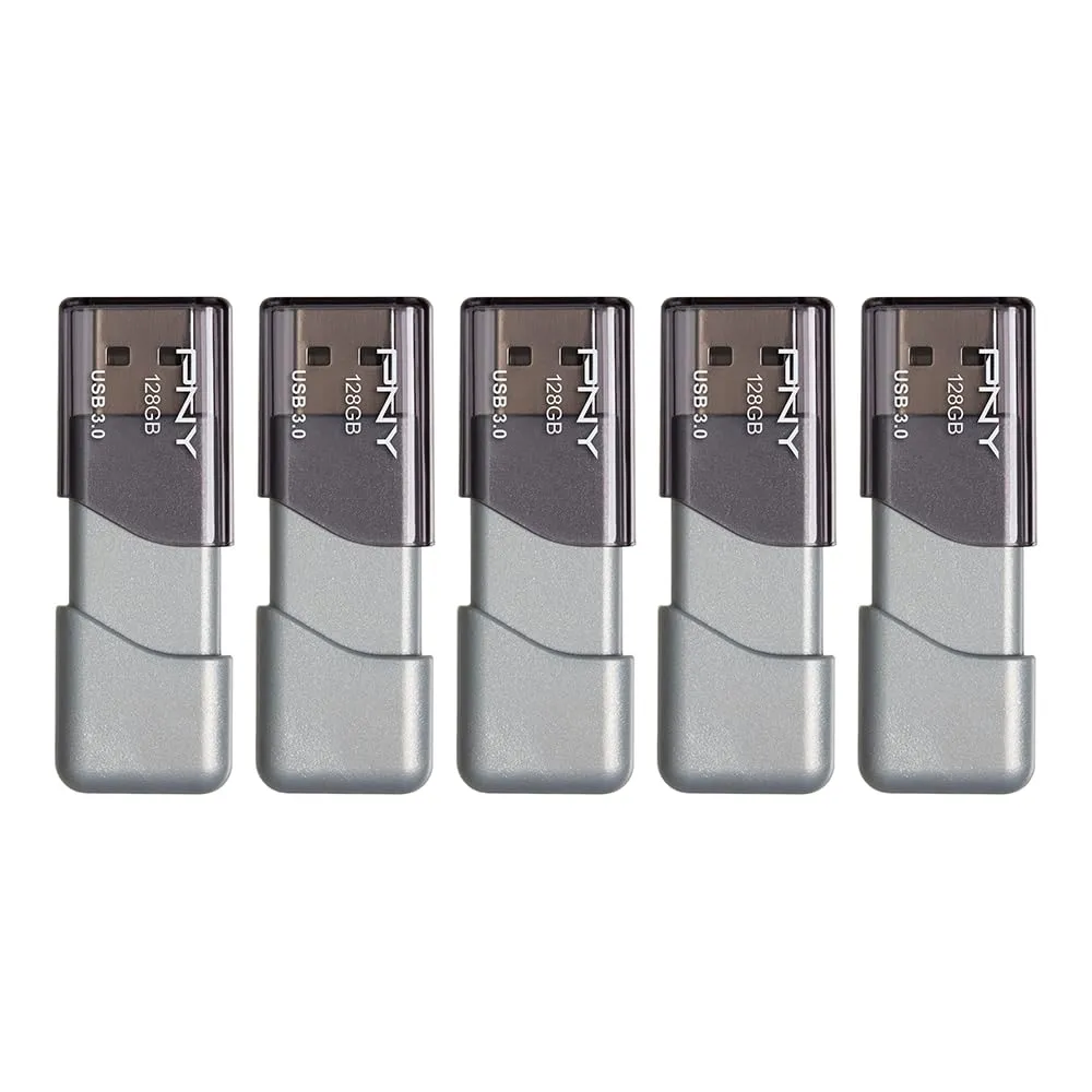 PNY 128GB Turbo Attach 3 USB 3.0 Flash Drive 5-Pack  Grey, P-FD128X5TBOP-MP, 100MB/s, Light-Weight Durable - Data Storage and Transfer