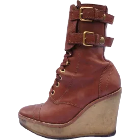 YVES SAINT LAURENT LEATHER MID-CALF WEDGE BOOTS
